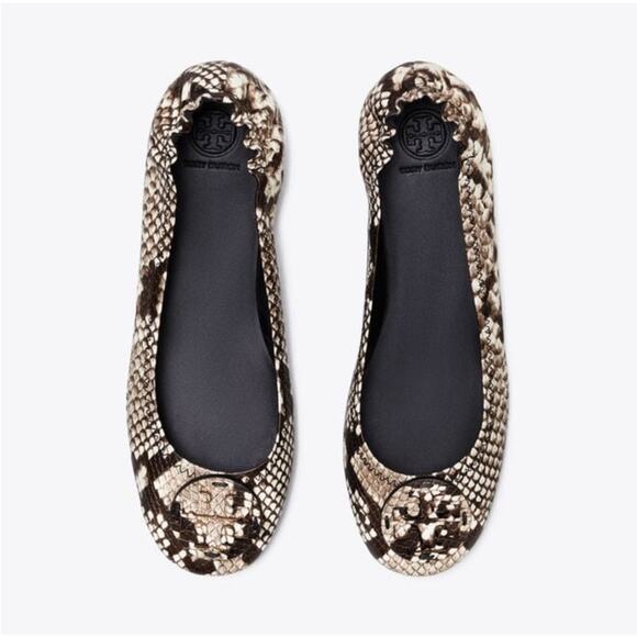 Tory Burch Minnie Flats Size 8 Roccia Snake Emboss Leather Logo Travel Ballet - Picture 5 of 14